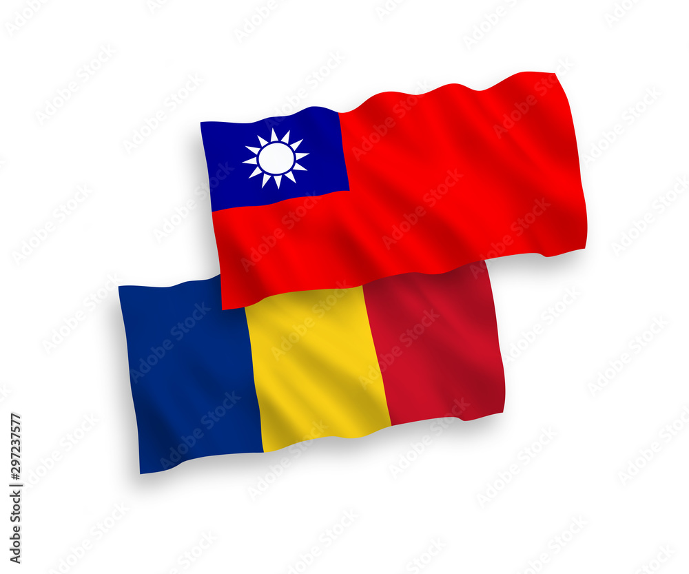 National vector fabric wave flags of Romania and Taiwan isolated on white background. 1 to 2 proportion.