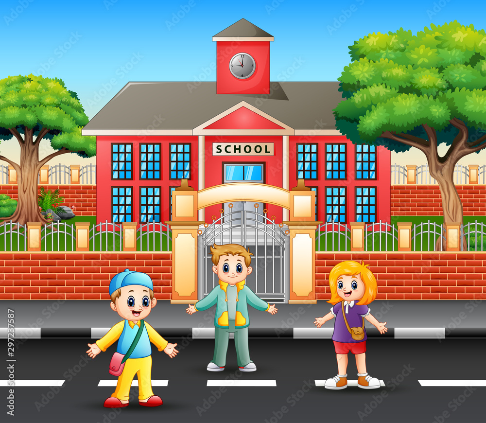 Cartoon children in front the school building