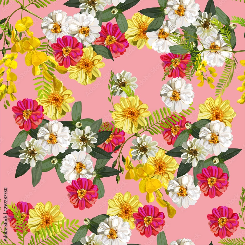 Flower seamless pattern.Sesbania and zinnia flower vector illustration