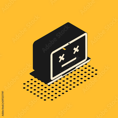 Isometric Dead laptop icon isolated on yellow background. 404 error like laptop with dead emoji. Fatal error in pc system. Vector Illustration