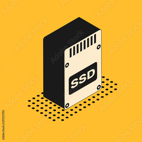 Isometric SSD card icon isolated on yellow background. Solid state drive sign. Storage disk symbol. Vector Illustration