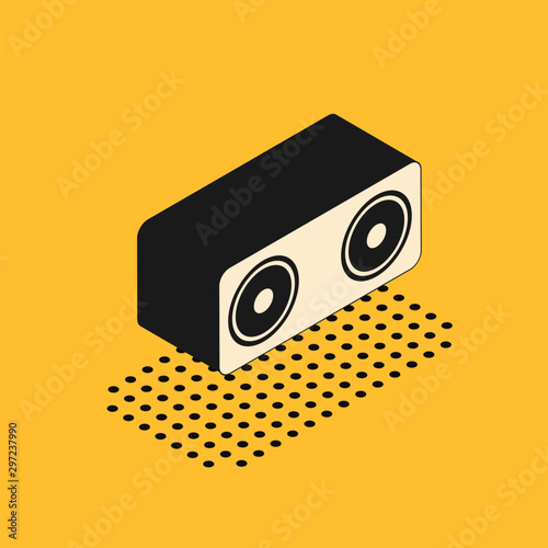 Isometric Stereo speaker icon isolated on yellow background. Sound system speakers. Music icon. Musical column speaker bass equipment. Vector Illustration