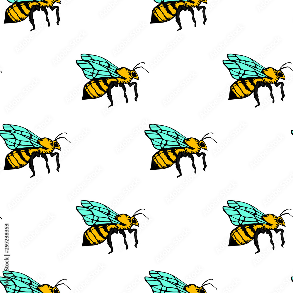 Bees, hand drawn seamless pattern. Decorative colored wallpaper, good for printing. Hand drawn overlapping background, beekeeping. Design illustration vector