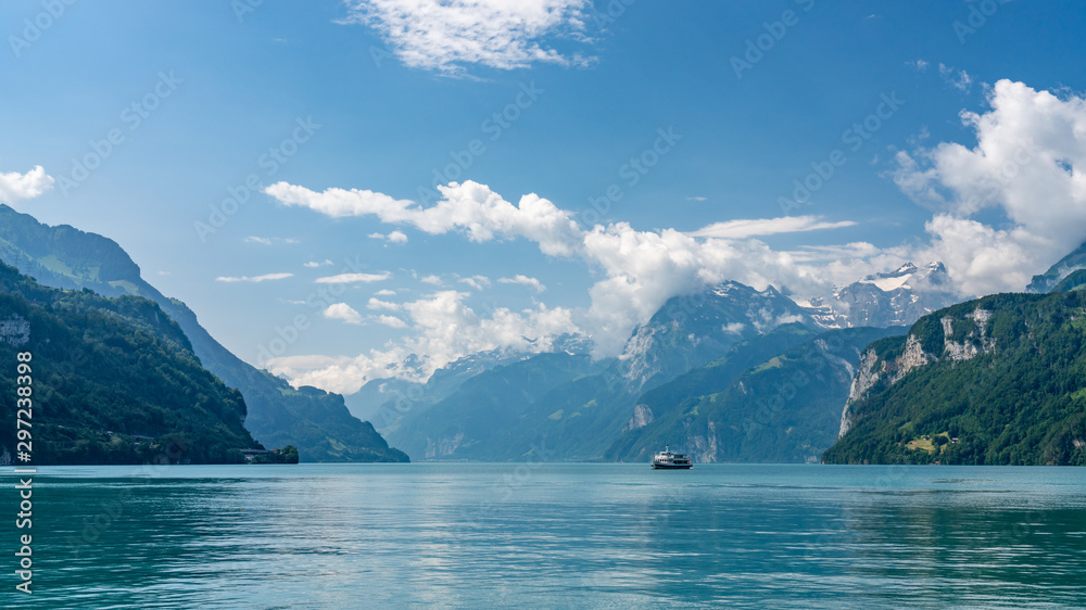 Switzerland, Panoramic view on green Alps and lake Lucerne from Brunnen