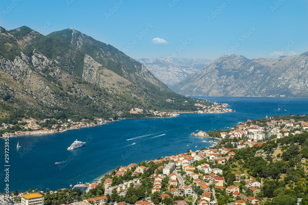 Bay of Kotor and old town Kotor in Montenegro. View from peak of mountain.