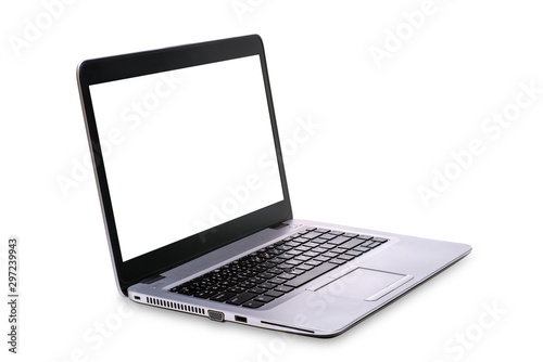 Perspective left view of Laptop computer with blank screen isolated on white background. Clipping Path include in this image.