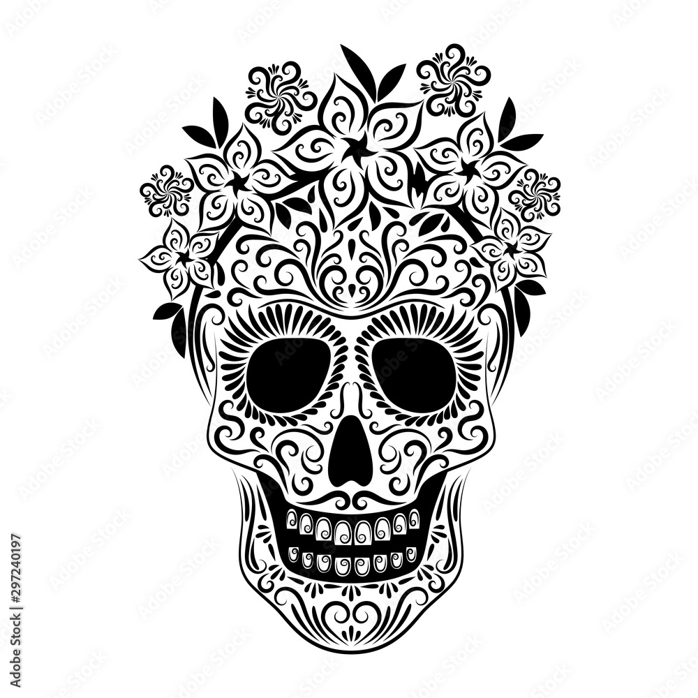 The stylized skull with flowers is drawn with a black line from the ornament. Symbol. The stylized skull with flowers is drawn with a black line from the ornament. Symbol.