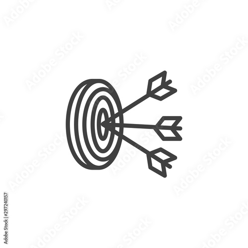 Three arrows hit target line icon. linear style sign for mobile concept and web design. Archery target aim outline vector icon. Goal and achievement symbol, logo illustration. Vector graphics
