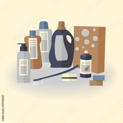 Cute household goods for cleaning: detergent, brush, cloth,  soap, washing powder and sponge for cleaning house, office, restaurant, hotel on light background. Vector flat illustration