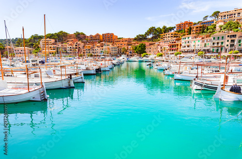 Boats at harbor of beautiful city Port de Soller on Mallorca island, Spain