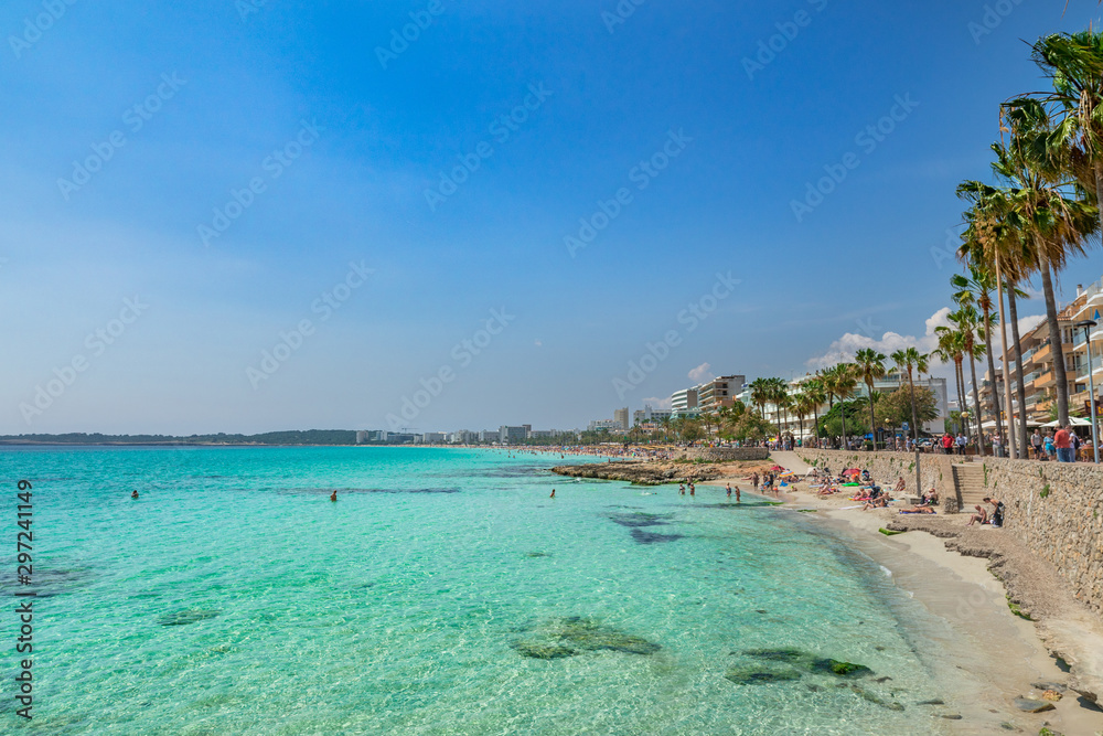 Beautiful sea water at coast of Cala Millor beach on Mallorca island, Spain Mediterranean Sea