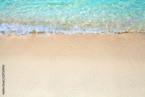 White sand beach, blue sea wave landscape, turquoise transparent ocean water, golden sand close up, summer holidays concept, vacations on tropical island backdrop, travel banner template, copy space © Vera NewSib
