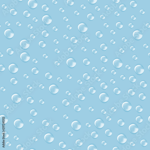 Light blue seamless pattern with trasparent drops. Clear water. Cartoon vector illustration. Object for packaging, advertisements, menu.
