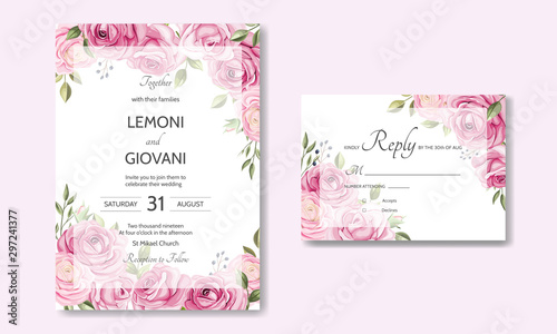 wedding card template with beautiful roses and leaves © mariadeta