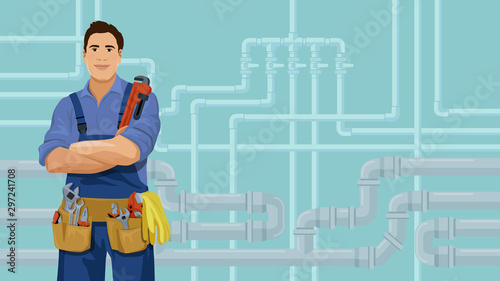 Worker with plumbing tools stands front the pipeline background. Cartoon smiling plumber. Water piping system repair concept. Vector illustration with copy space.