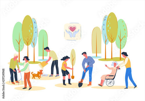 Volunteers busy with socially useful work - helping elderly people, planting.