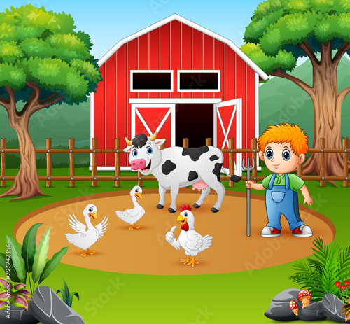 A farmer and farm animal in the farmyard