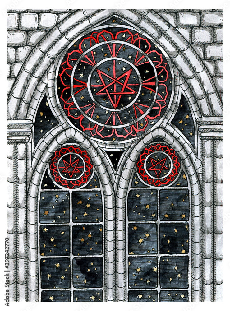 Gothic window with glass painting, starry night.