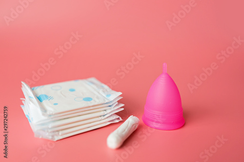Menstrual cup, sanitary pad, tampon. Alternative feminine hygiene product during the period. Women health concept. Copy space. Eco friendly concept, zero waste product. Flat lay, mockup, template
