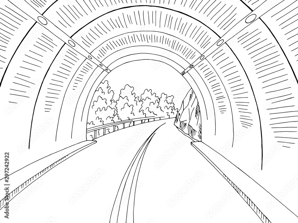 Exit from the tunnel road graphic black white landscape sketch illustration vector - obrazy, fototapety, plakaty 