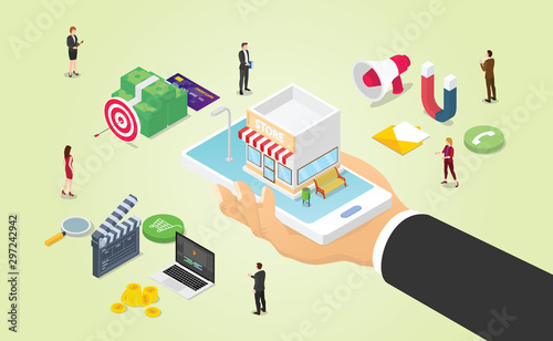 omnichannel business marketing with various media like video money budget and team people work with modern isometric style - vector