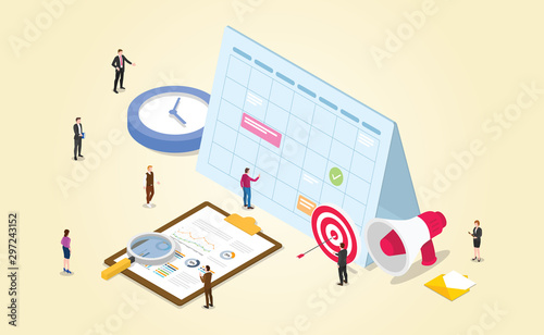 work schedule for project management office with employee target time clock with modern isometric style - vector