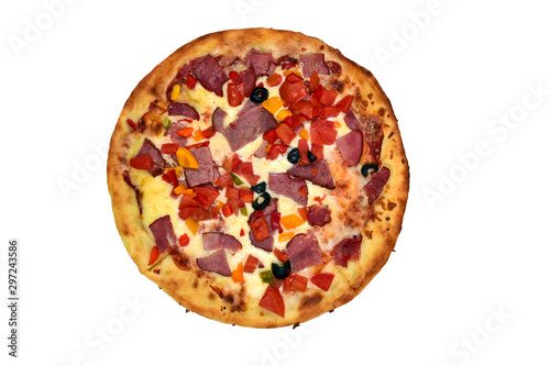 Pizza with smoked meat, sauce, cheese, smoked meat, cherry tomatoes, bell pepper, black olives isolated on white background