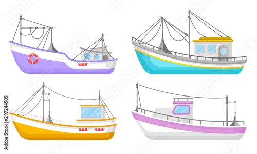 Yachts And Commercial Fishery Ships Vector Illustrated Set