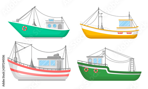 Yachts And Commercial Fishery Ships Vector Illustrated Set