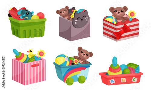 Boxes Full of Children Toys Vector Illustrated Set. photo