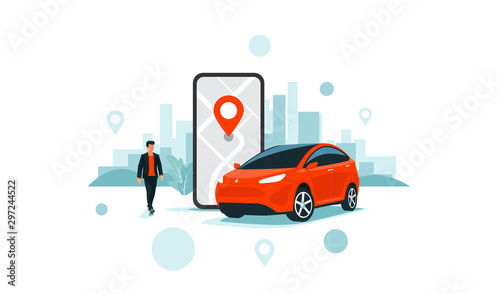 Vector illustration of autonomous online car sharing service controlled via smartphone app. Phone with location mark and smart car with modern city skyline. Isolated connected vehicle remote parking.  photo