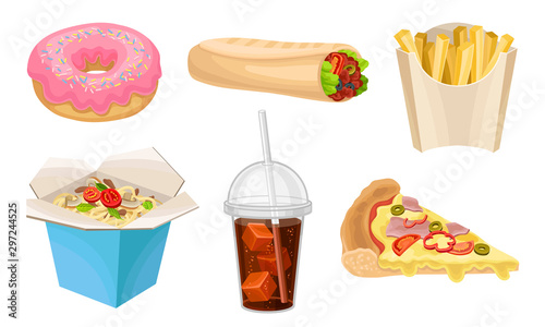 Junk Food Vector Illustrated Set. Fast Food Restaurant Menu Items