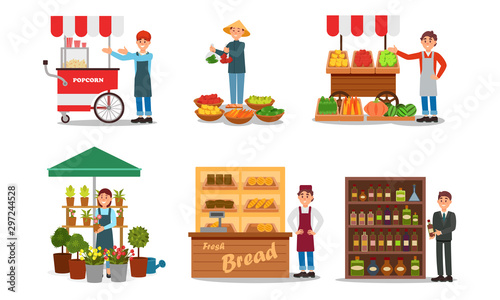 Vendors Characters Selling Products Vector Illustrated Set