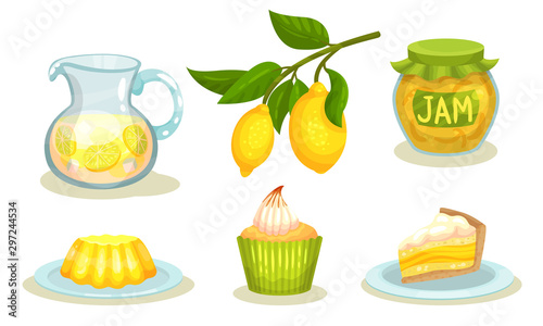 Tasty Lemon Food Items. Food and Beverage Containing Lemon Ingredient Vector Isolated Set