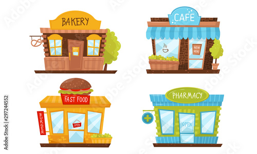 Store Building Facade Vector Illustrated Set. Elements Isolated On White Background.