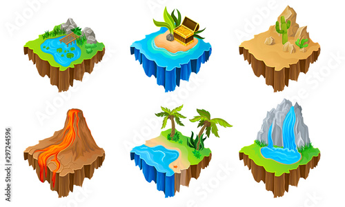 Isometric Game Islands Vector Illustrated Set. Different Landscapes Scenes Collection.