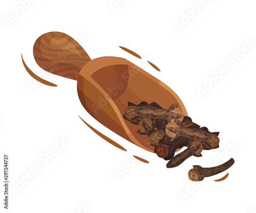 Pile of Dried Clove Flower Buds Gathered With Wooden Shovel Vector Illustrated Set © Happypictures