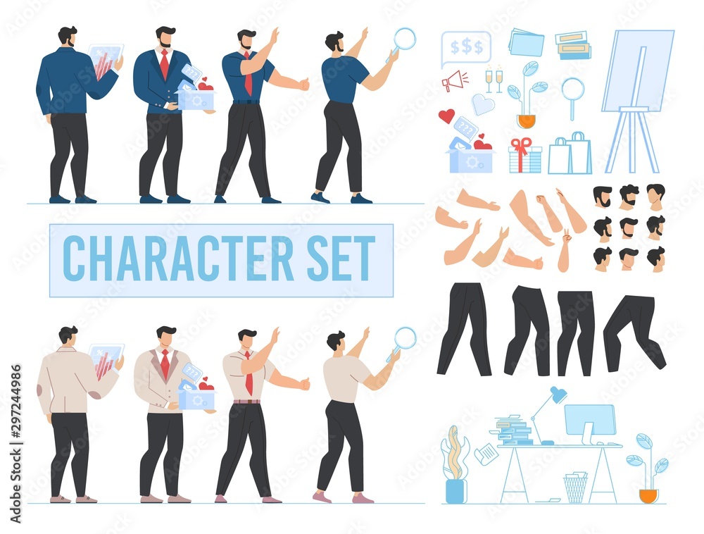Man Character Animated, Office and Accessories Set