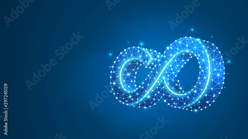 Mobius strip ring infinity sacred geometry. Digital wireframe, low poly mesh, Raster neon 3d illustration. Abstract endless, infinite structure concept. Triangles, lines, dots on blue background