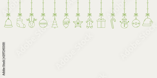 Empty Christmas background with hanging decorations. Xmas ornament. Vector