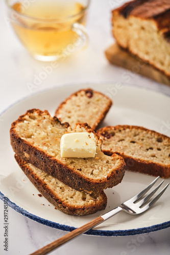 Wallpaper Mural Banana bread. Freshly baked homemade banana pie with honey and butter on a light gray background Torontodigital.ca