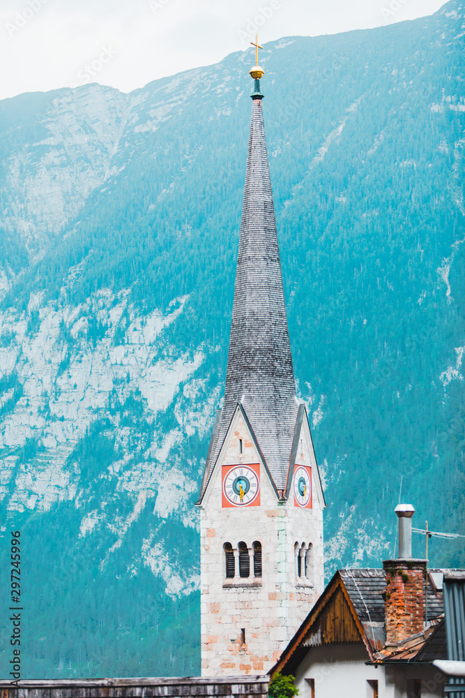 view of church bell tower in hallstatt austria