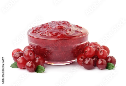 Sweet cranberries with jam isolated. photo