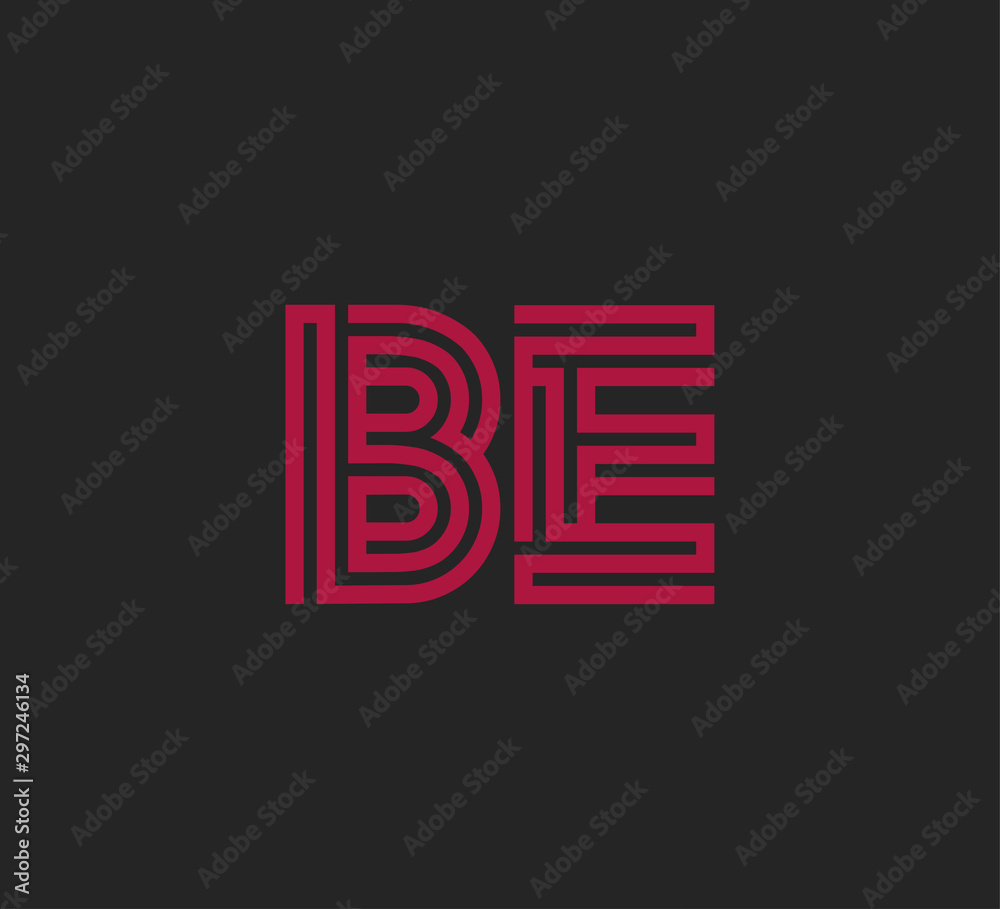 Obraz premium Initial two letter red line shape logo on black vector BE