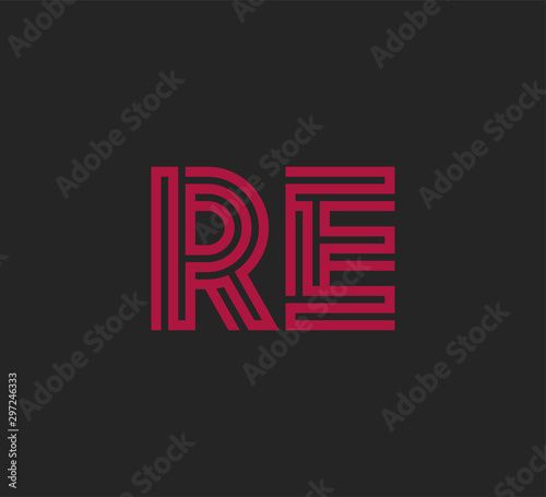 Initial two letter red line shape logo on black vector RE
