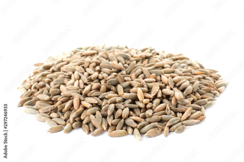Pile of rye grains on white background. Cereal crop Pile of rye grains on white background. Cereal crop