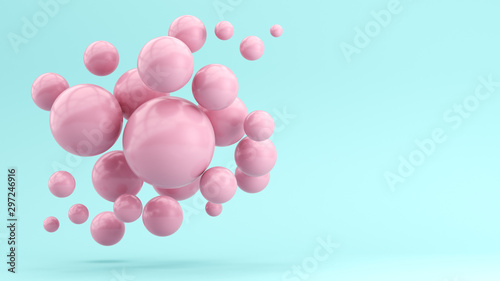 Fototapeta Naklejka Na Ścianę i Meble -  Flying pink spheres on a pastel blue background. 3d render illustration.