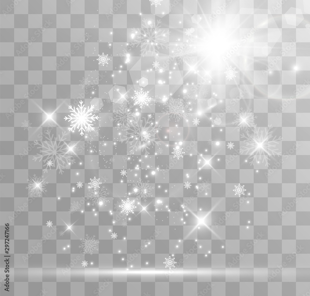  Snowfall. A lot of snow on a transparent background. Christmas winter background. Snowflakes falling from the sky. - obrazy, fototapety, plakaty 