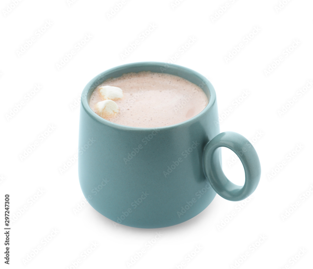 Delicious cocoa drink with marshmallows in blue cup on white background Delicious cocoa drink with marshmallows in blue cup on white background