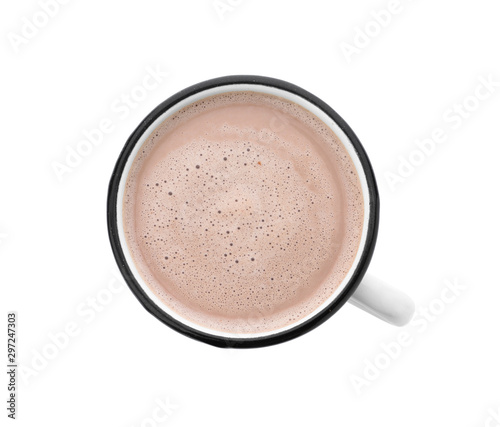 Delicious cocoa drink in mug on white background, top view